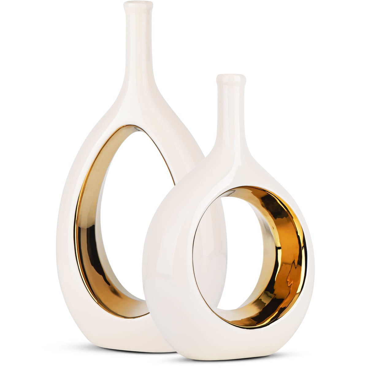 LCCCK front view of white and gold vases, adds refined focal point