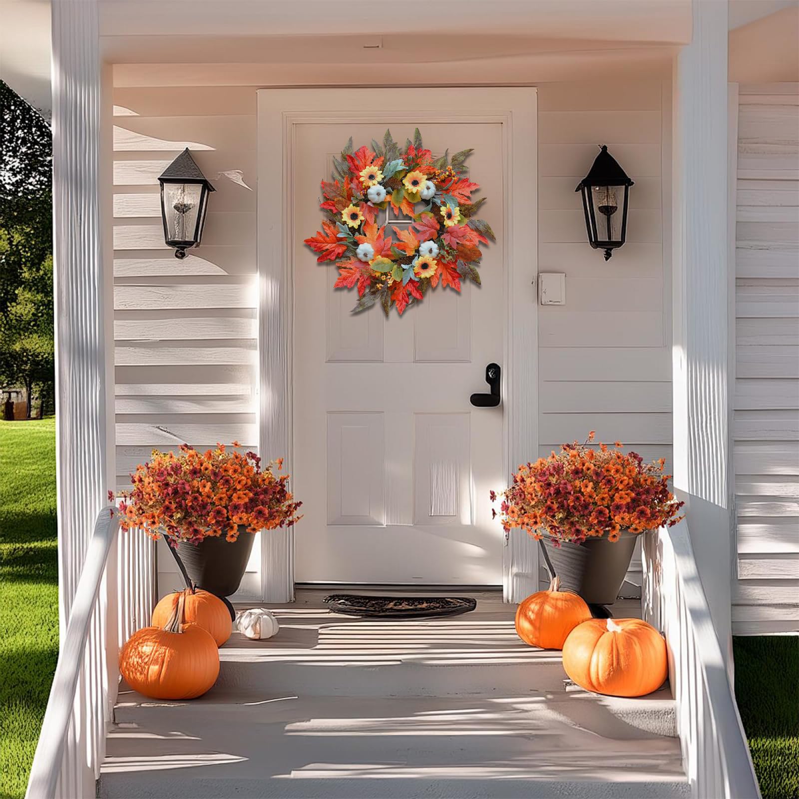 Lckaien porch display with wreath creating cozy fall curb appeal