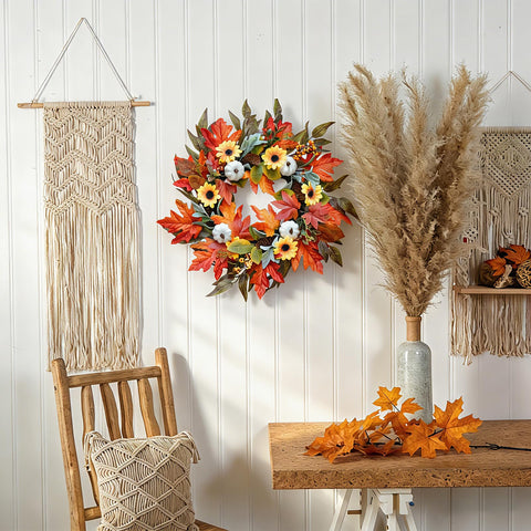 Lckaien wreath size comparison against door illustrating 24-inch fit