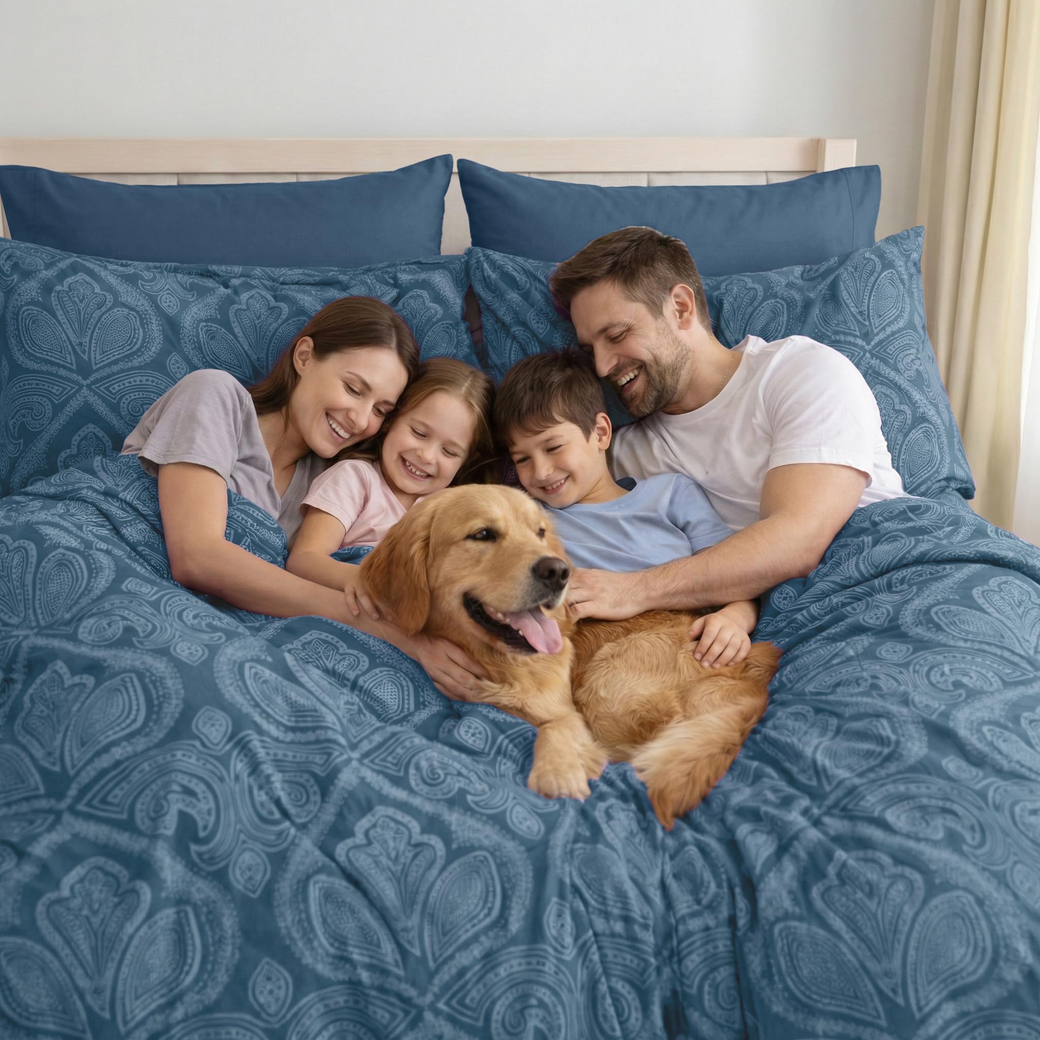 LDC made bed in bedroom showcasing stylish navy pattern and polished look