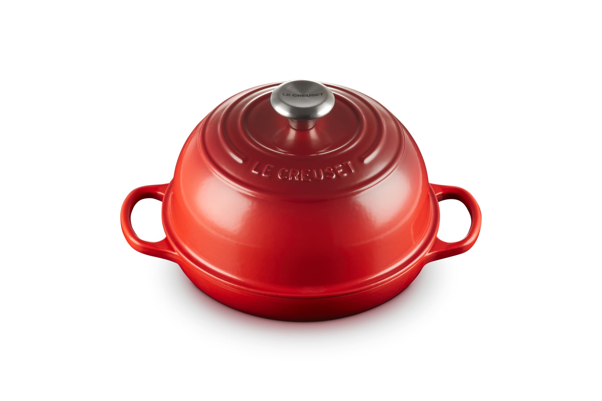 Le Creuset front view showing Cerise finish and oven benefit of even heat