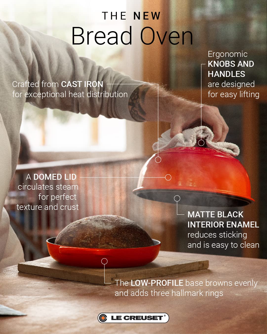 Le Creuset with fresh boule inside illustrating bakery-style crust
