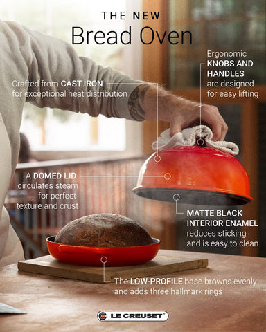 Le Creuset with fresh boule inside illustrating bakery-style crust