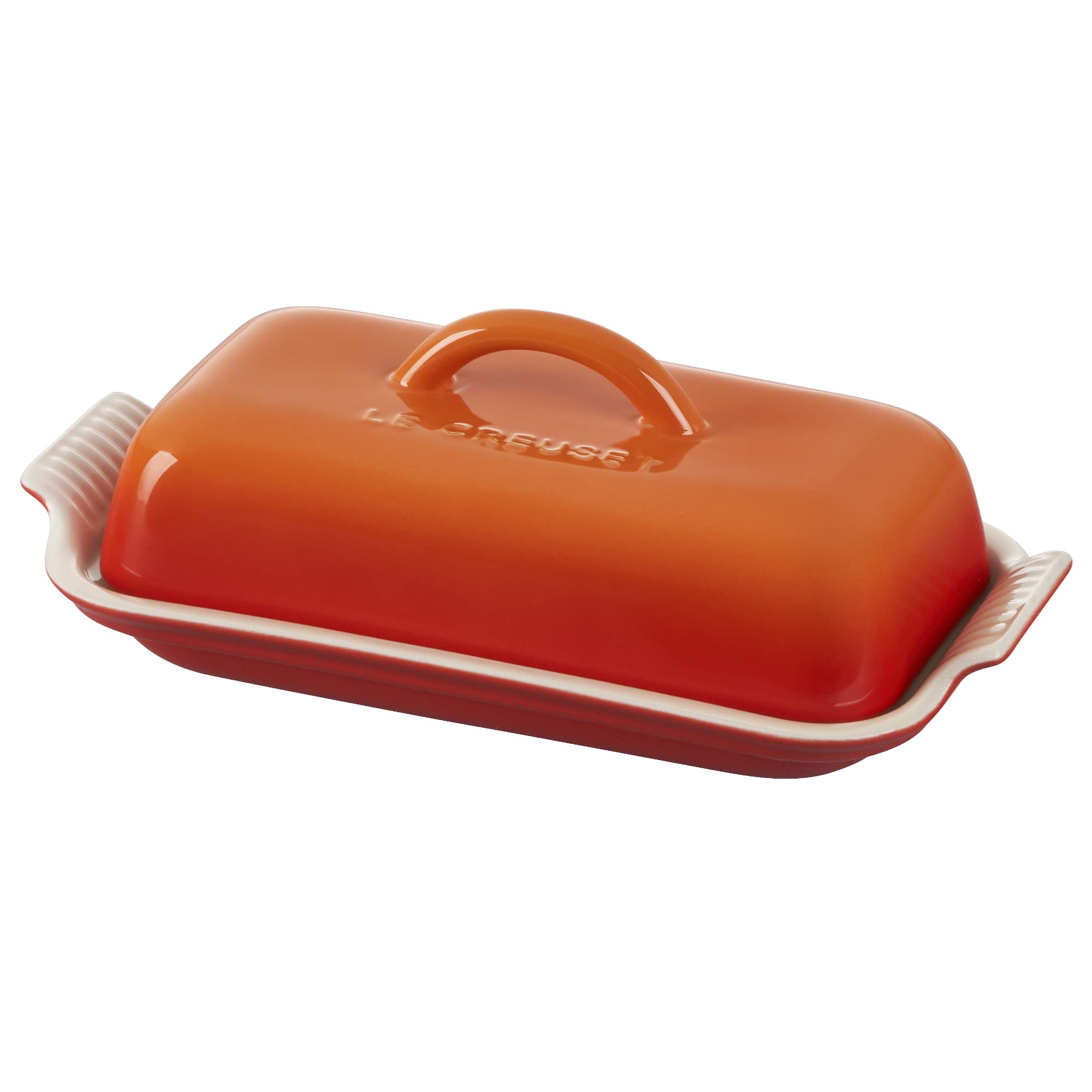 Le Creuset Heritage Butter Dish front view showing Flame color and compact shape for attractive storage