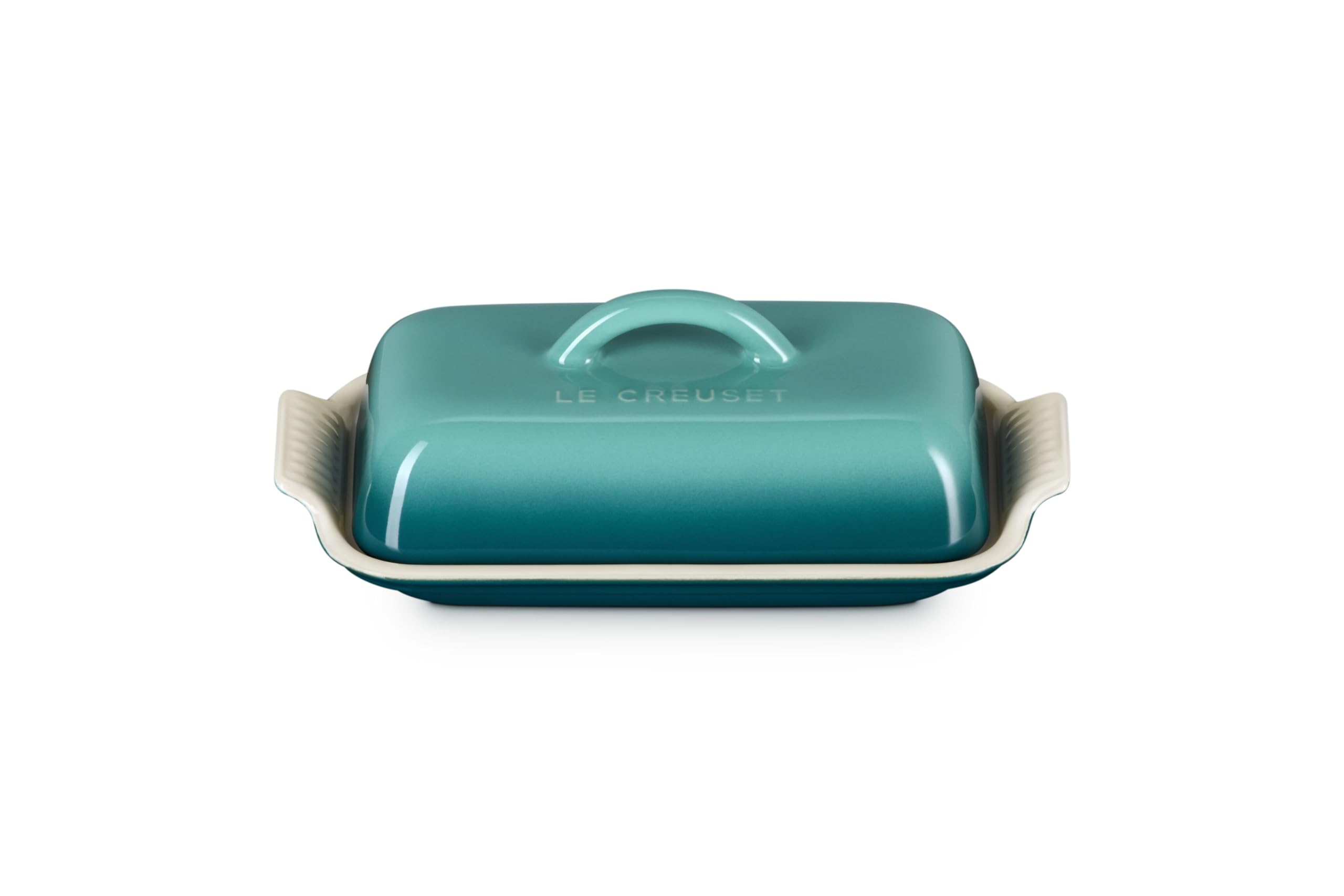 Le Creuset front view of Riviera butter dish showing sleek shape and easy-access benefit