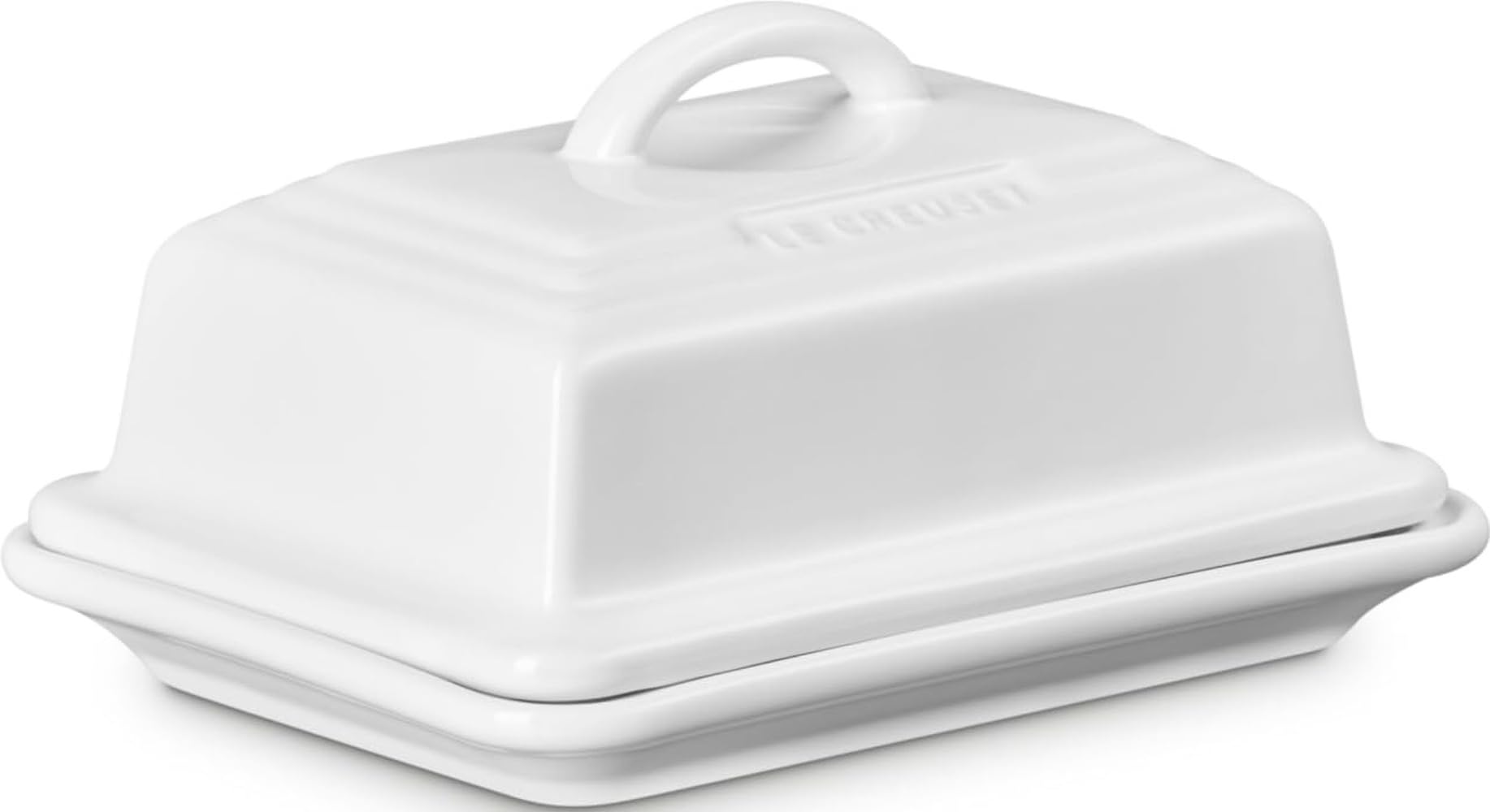 Le Creuset front view of white butter dish, elegant presentation benefit