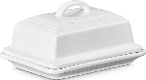 Le Creuset front view of white butter dish, elegant presentation benefit