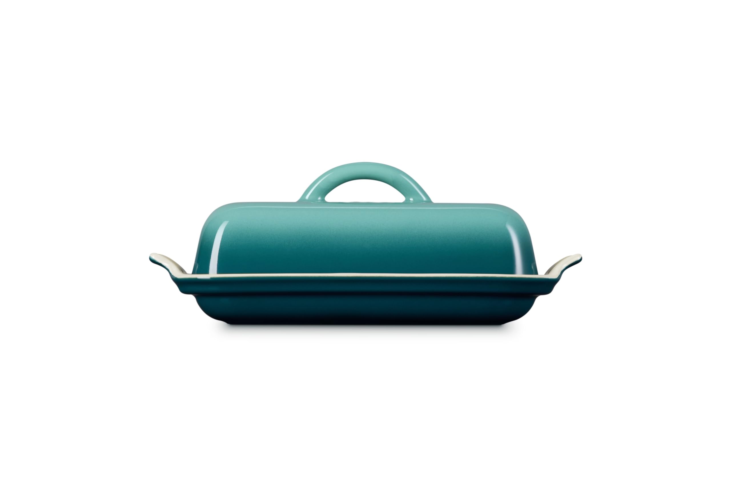 Le Creuset butter dish inside refrigerator demonstrating compact storage benefit