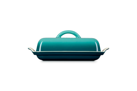 Le Creuset butter dish inside refrigerator demonstrating compact storage benefit