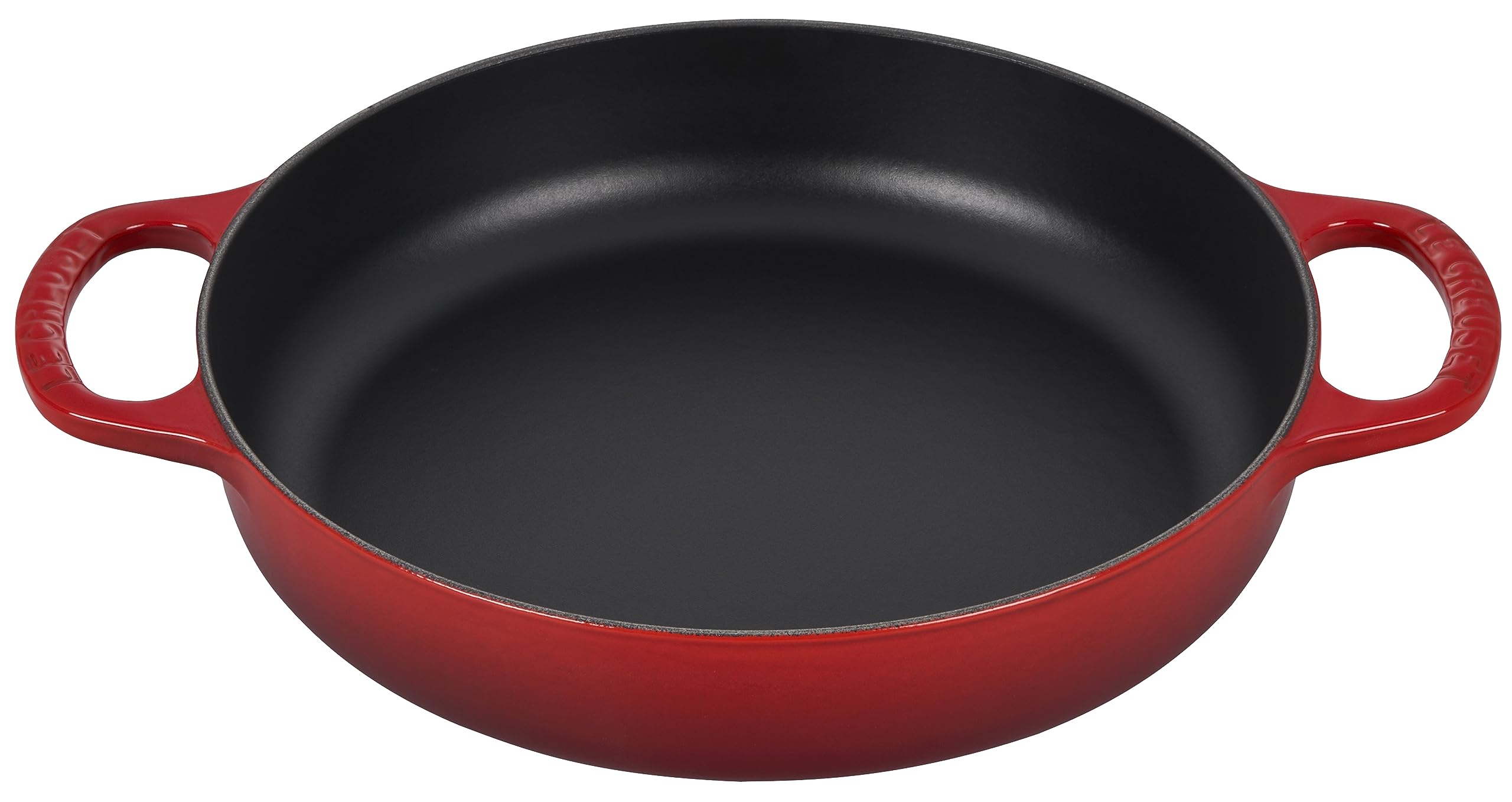 Le Creuset Cerise front view showing vibrant color and pan shape, durable finish benefit