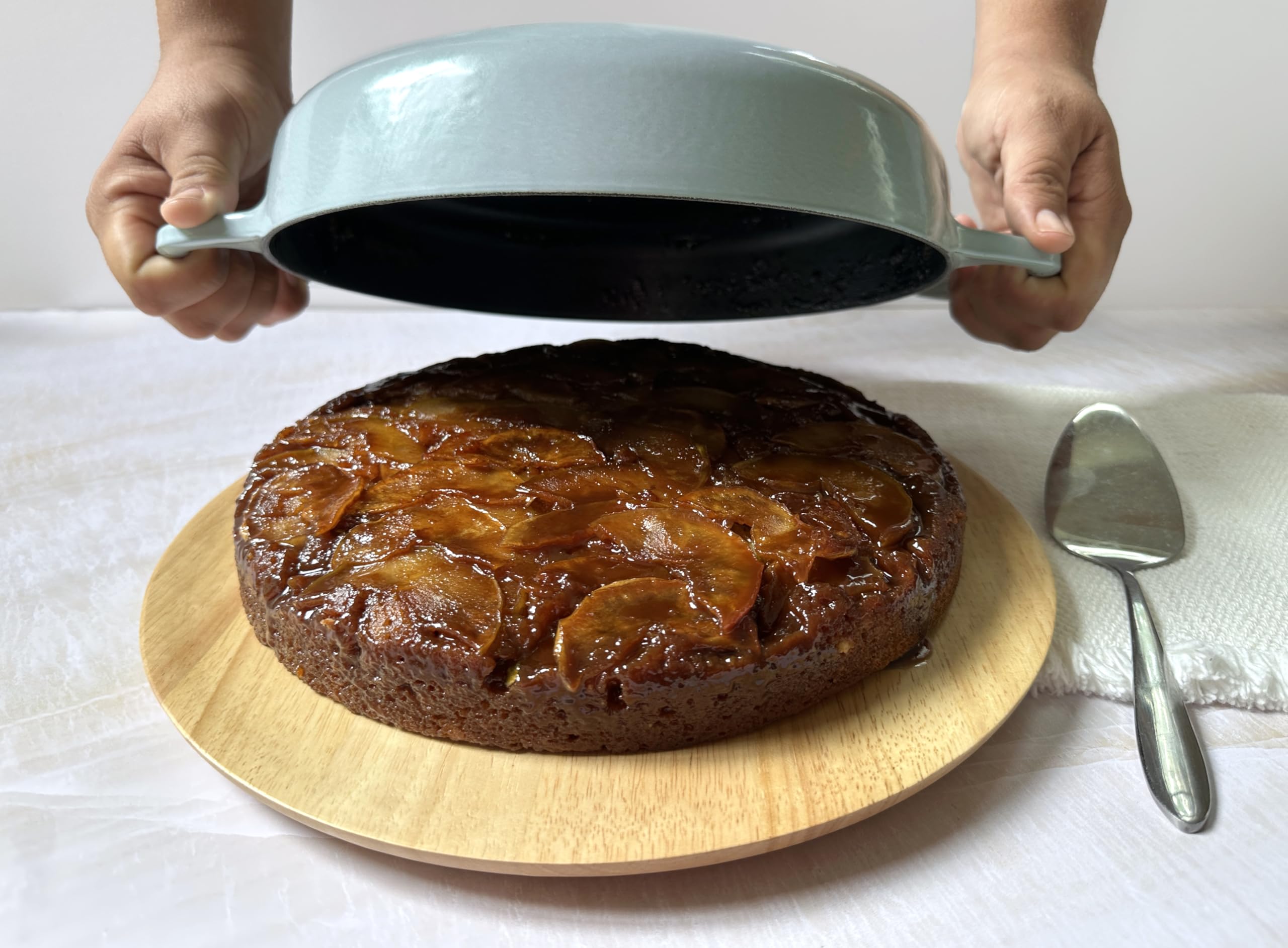 Le Creuset pan in use on stovetop with one-pan meal demonstrating even heat benefit