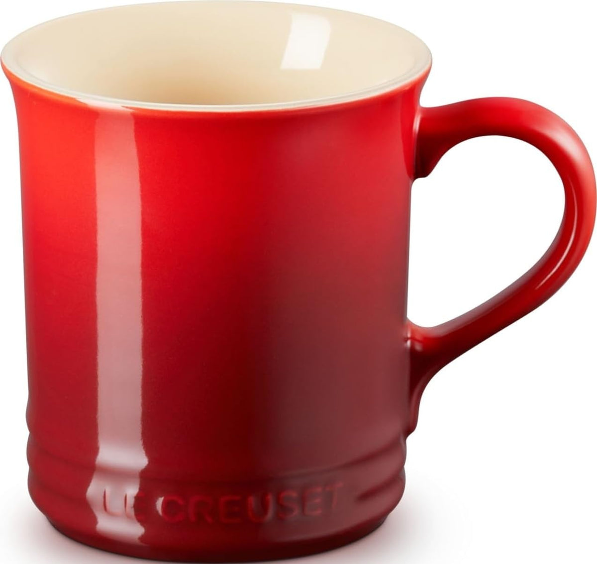 Le Creuset Cerise mug front view showing durable finish and vibrant color benefit