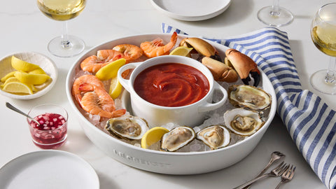 Le Creuset cocotte with ingredients nearby illustrating prep and storage convenience