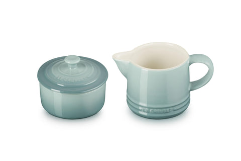 Le Creuset cream and sugar set front view shows elegant Sea Salt finish and durable design