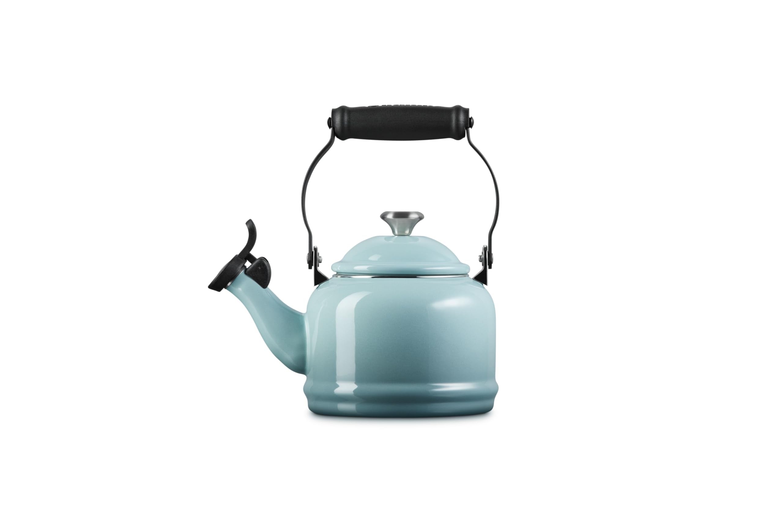 Le Creuset stainless steel handle and knob embossed with brand for grip reliability