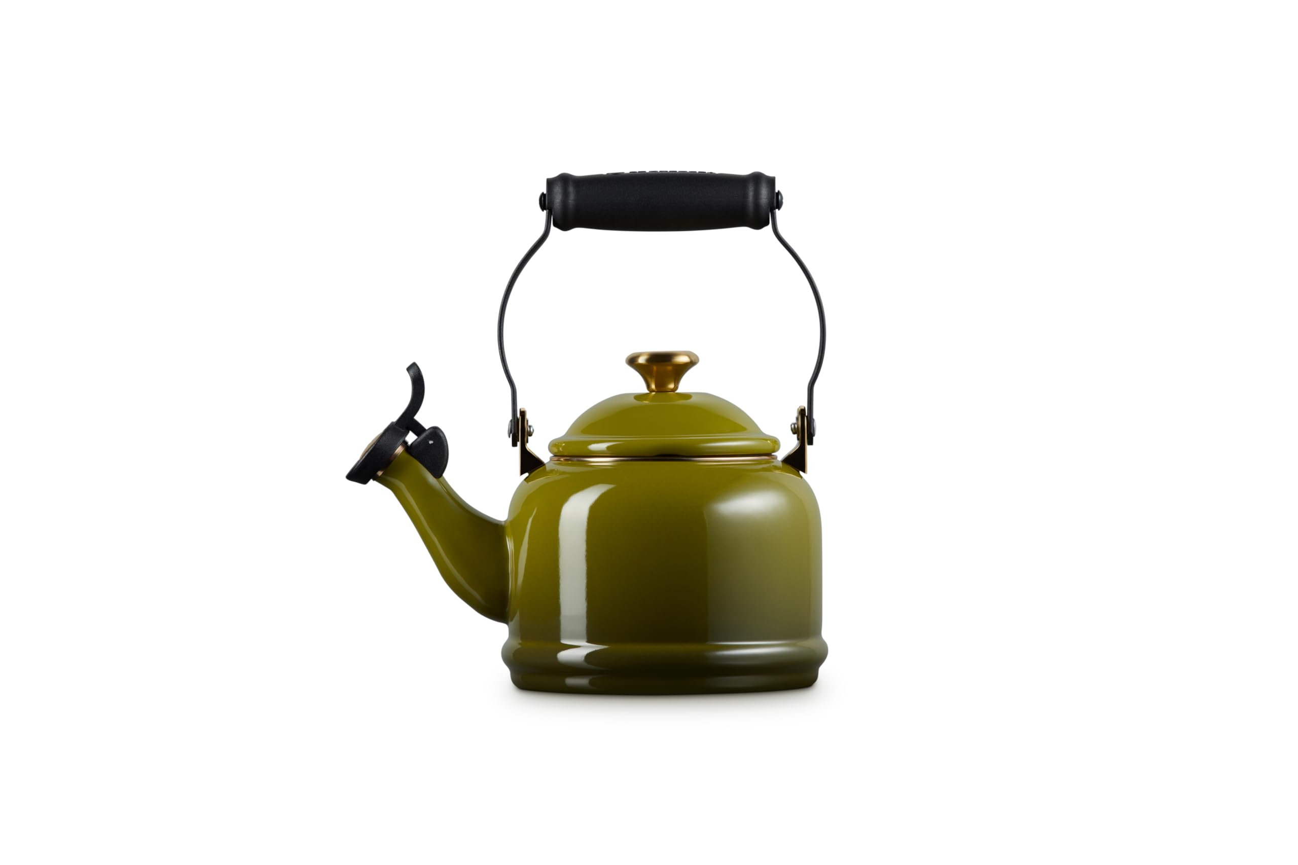 Le Creuset demi kettle handle detail showing stay-cool folding handle for safe lifting