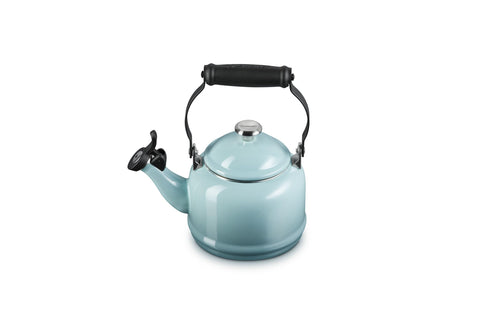 Le Creuset demi kettle front view showing Sea Salt finish and fast boil benefit