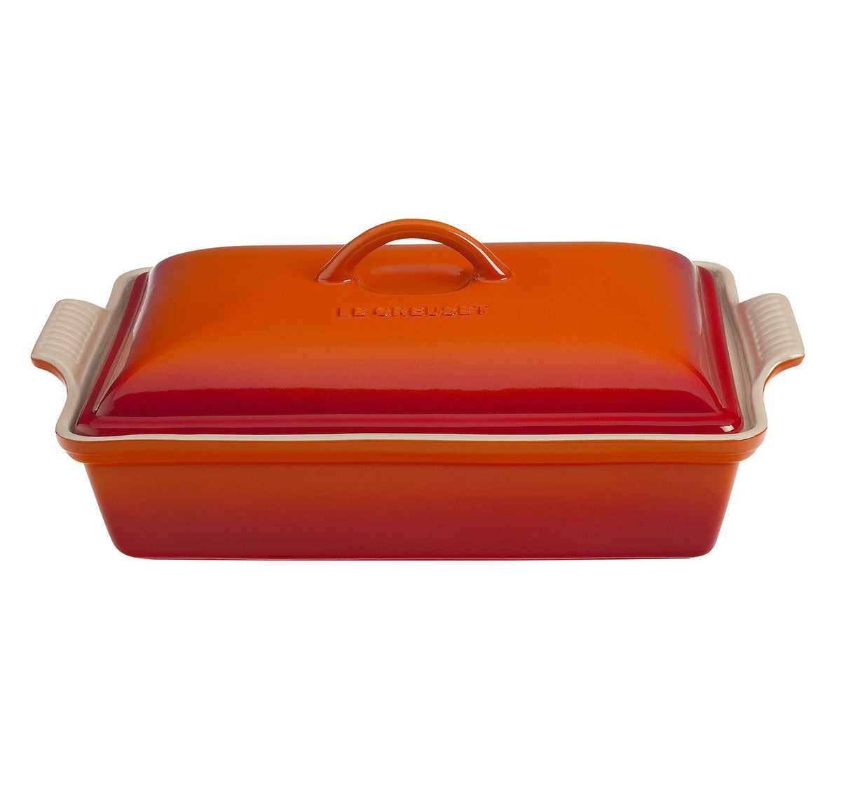 Le Creuset rectangular casserole front view shows flame glaze and serving benefit