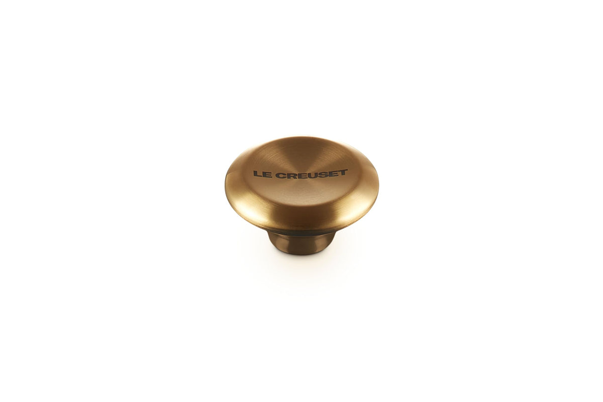 Le Creuset gold stainless knob front view showing stylish finish and durable design