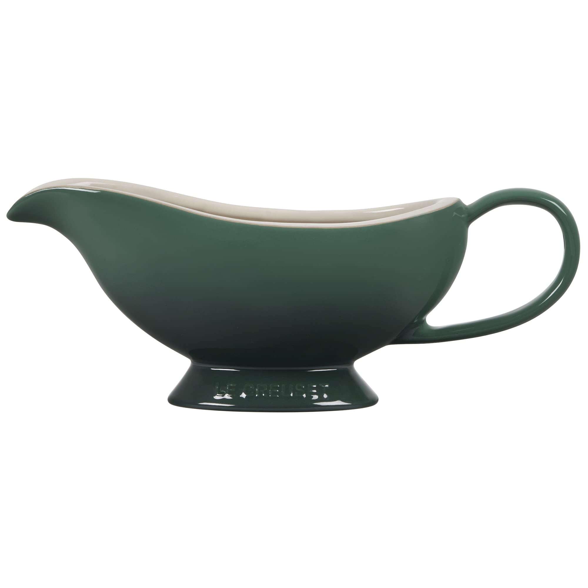 Le Creuset gravy boat front view showing Artichaut glaze and elegant shape for dining
