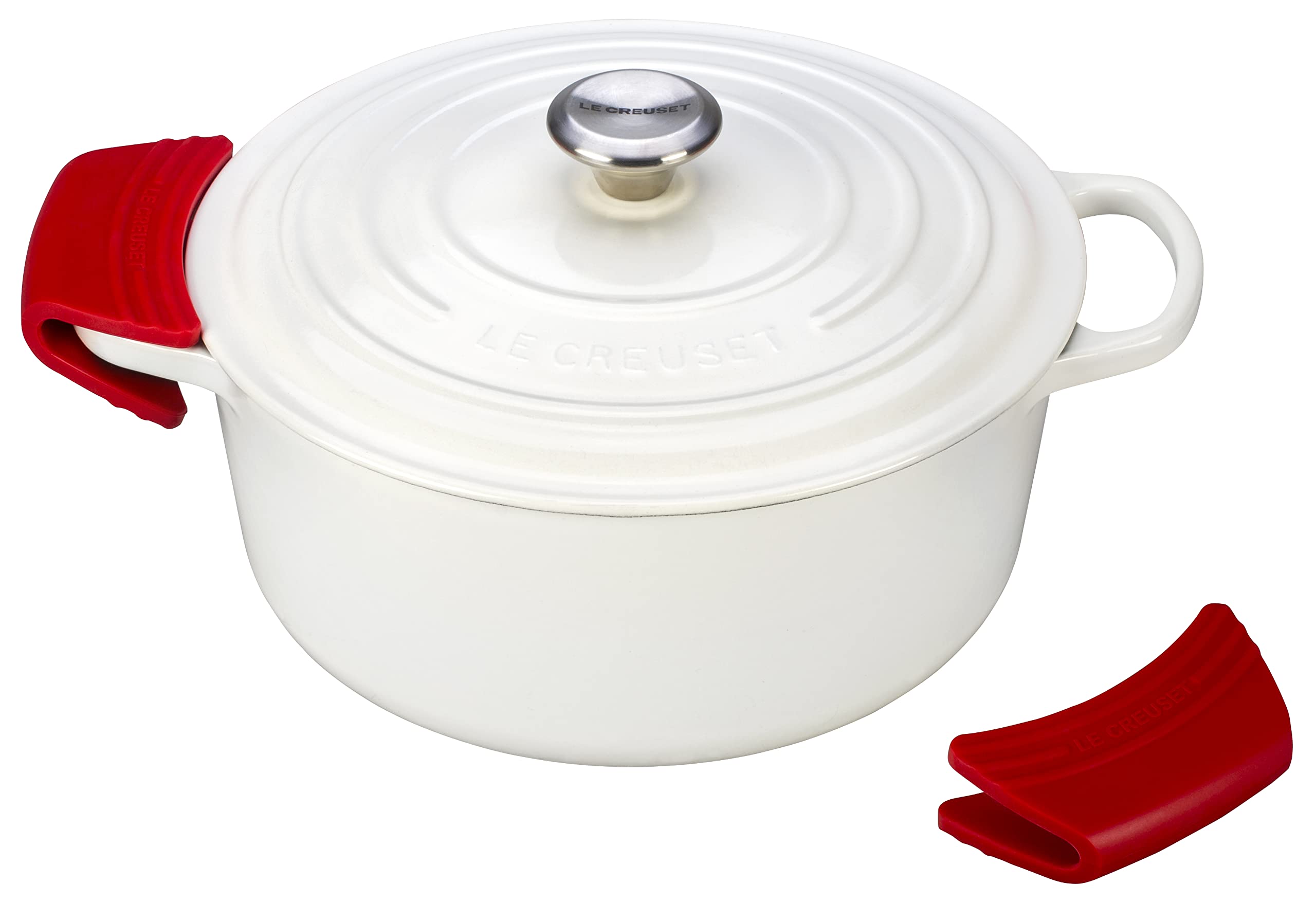 Le Creuset grips slipped onto skillet handle for safer transfer benefit