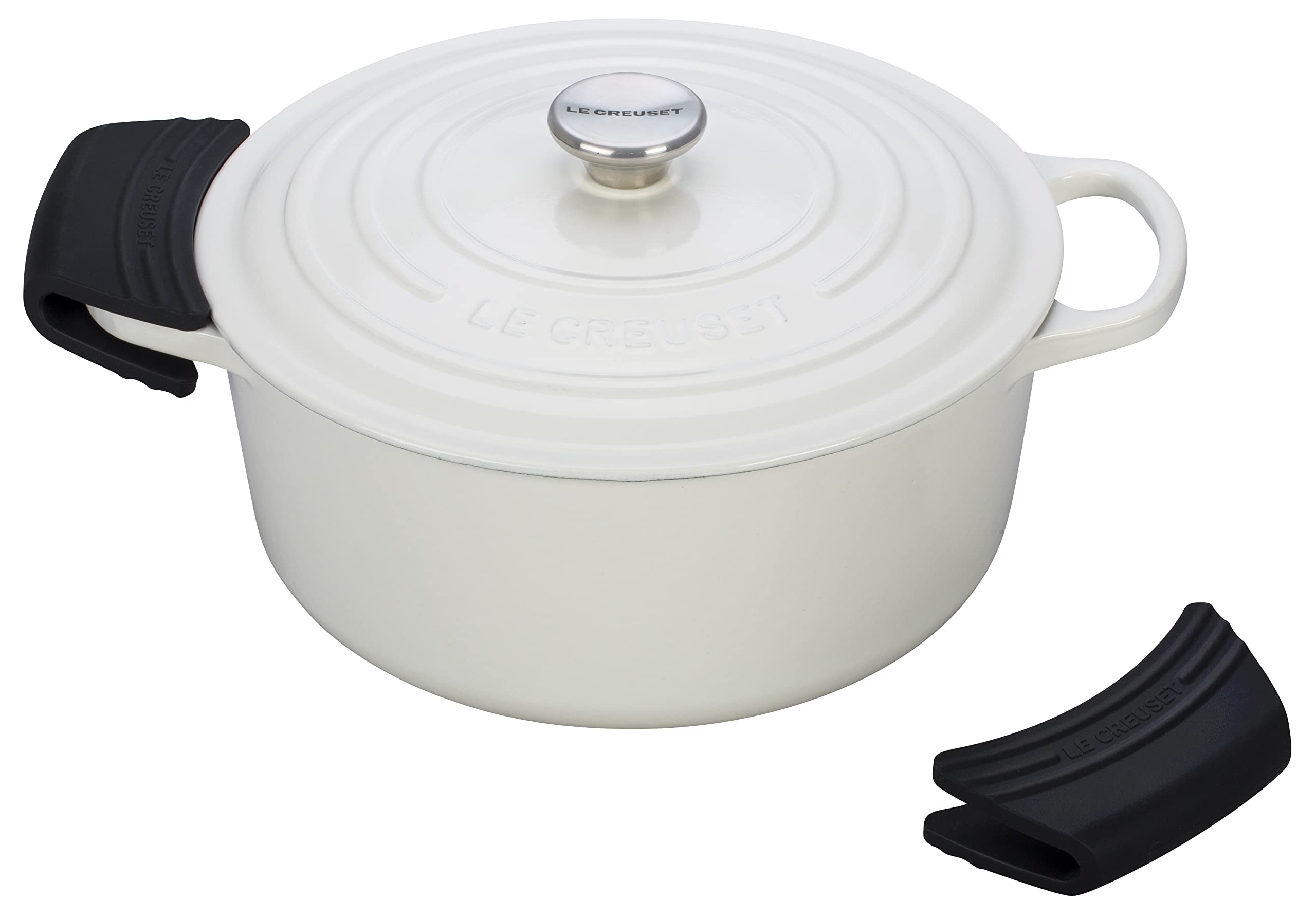 Le Creuset grips fitted on cast-iron dutch oven handle for safer lifting