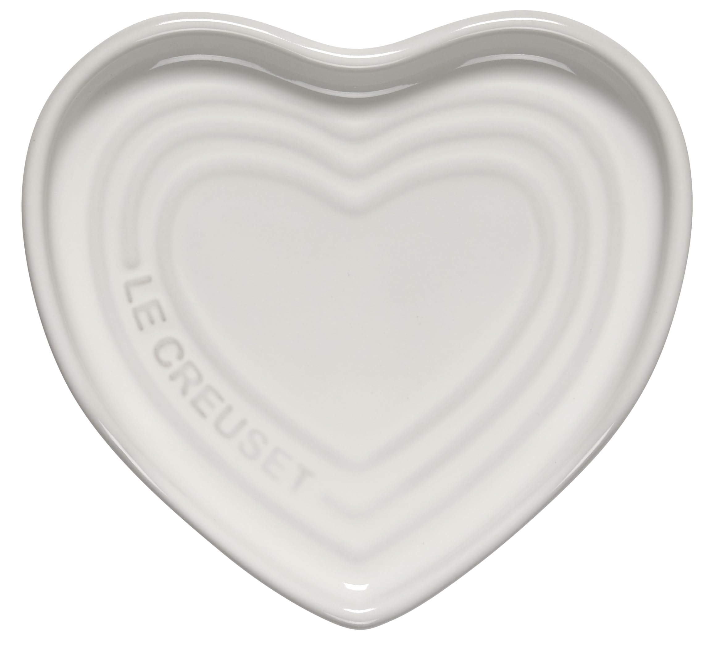 Le Creuset heart spoon rest front view showing elegant white glaze and tidy utensil storage