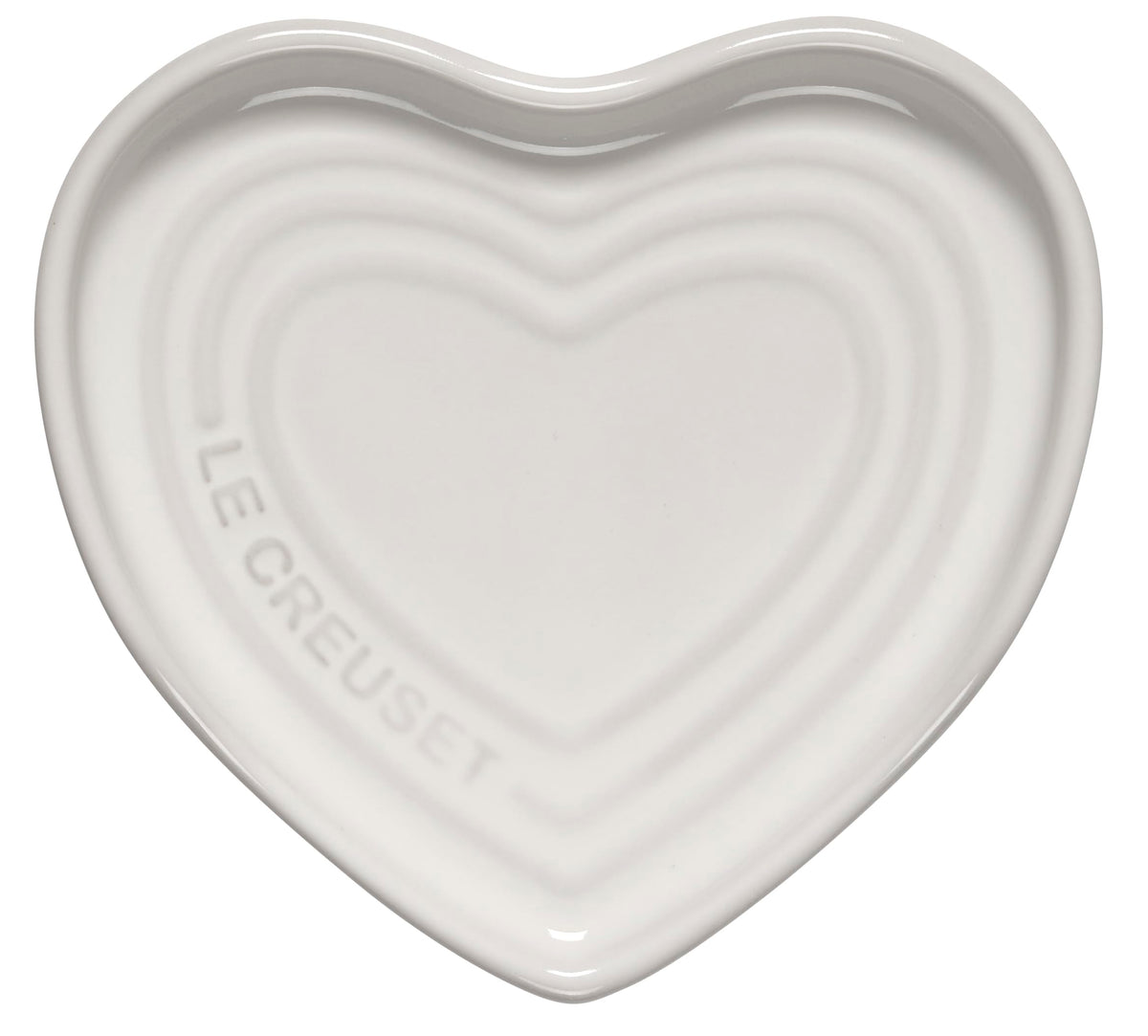Le Creuset heart spoon rest front view showing elegant white glaze and tidy utensil storage