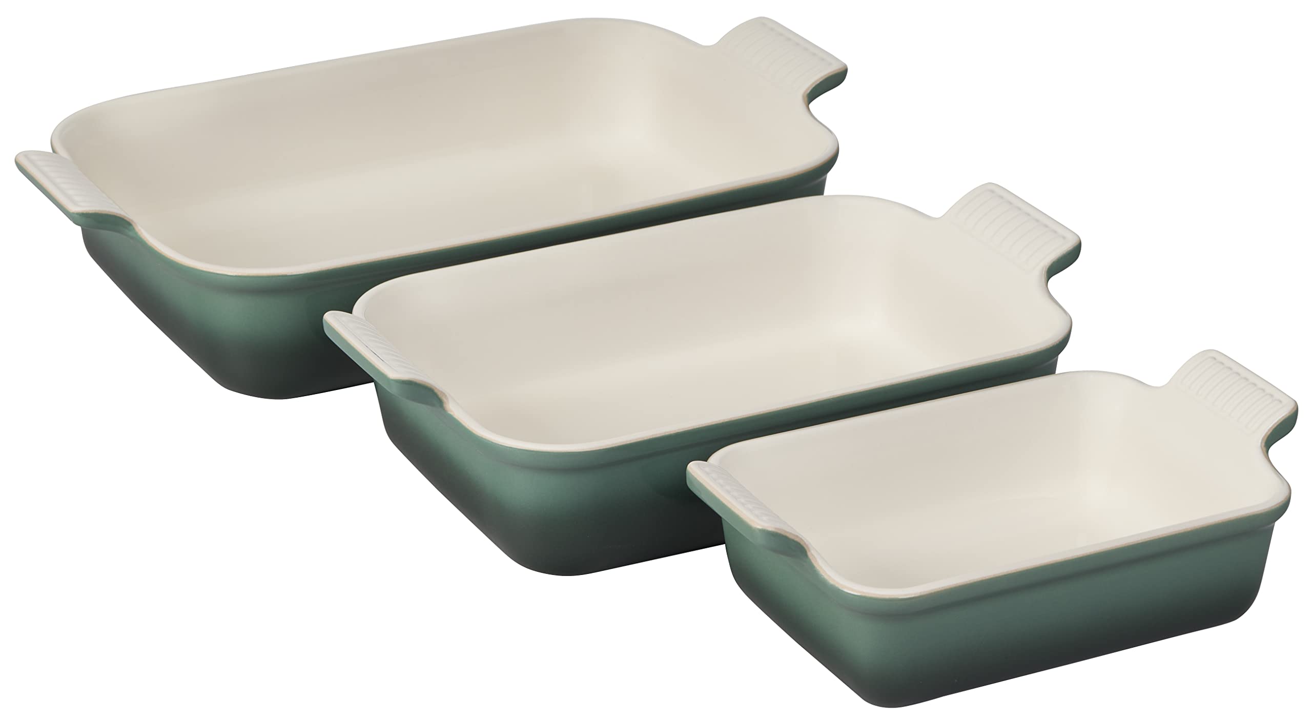 Le Creuset front view of Artichaut rectangular baking dishes showing shape and color benefit