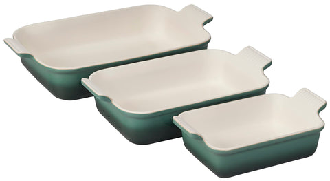 Le Creuset front view of Artichaut rectangular baking dishes showing shape and color benefit