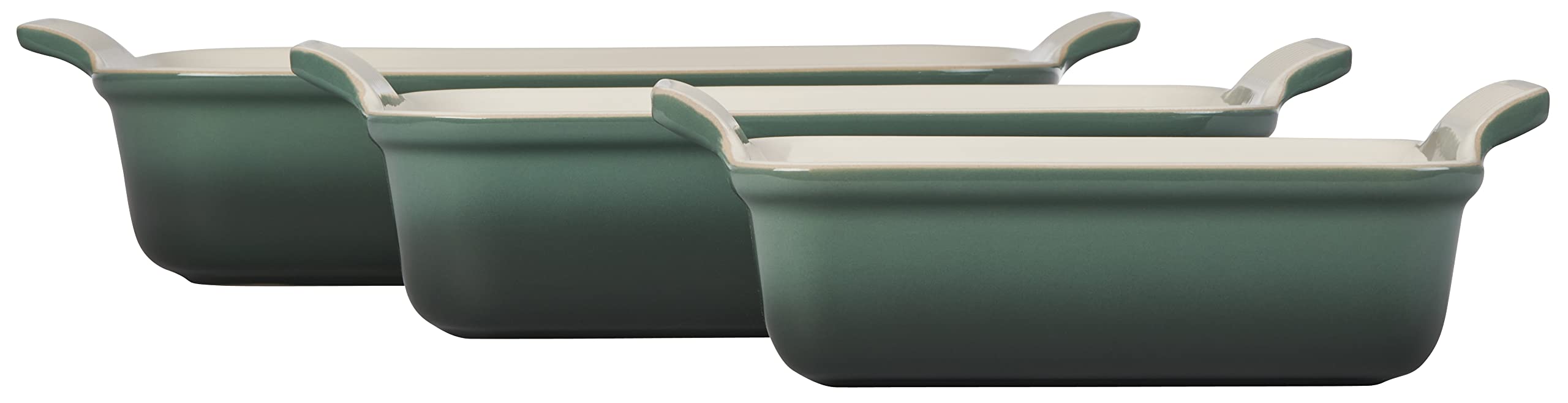 Le Creuset stacked dishes showing three sizes for versatile portioning benefit