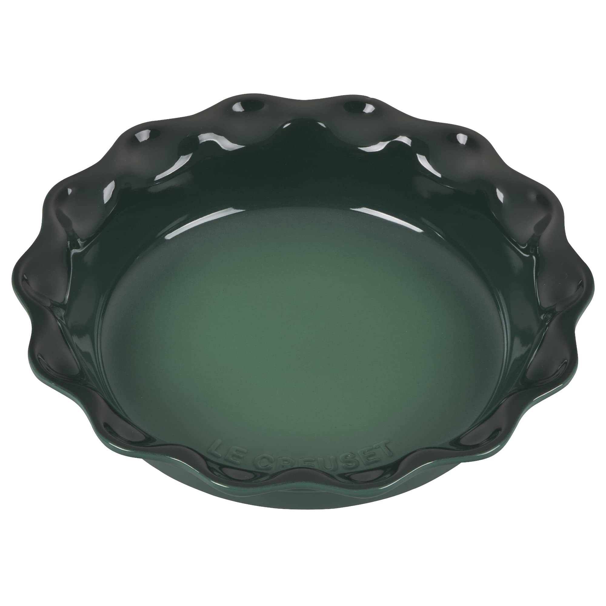 Le Creuset Heritage pie dish front view showcasing durable glaze and even heat benefit