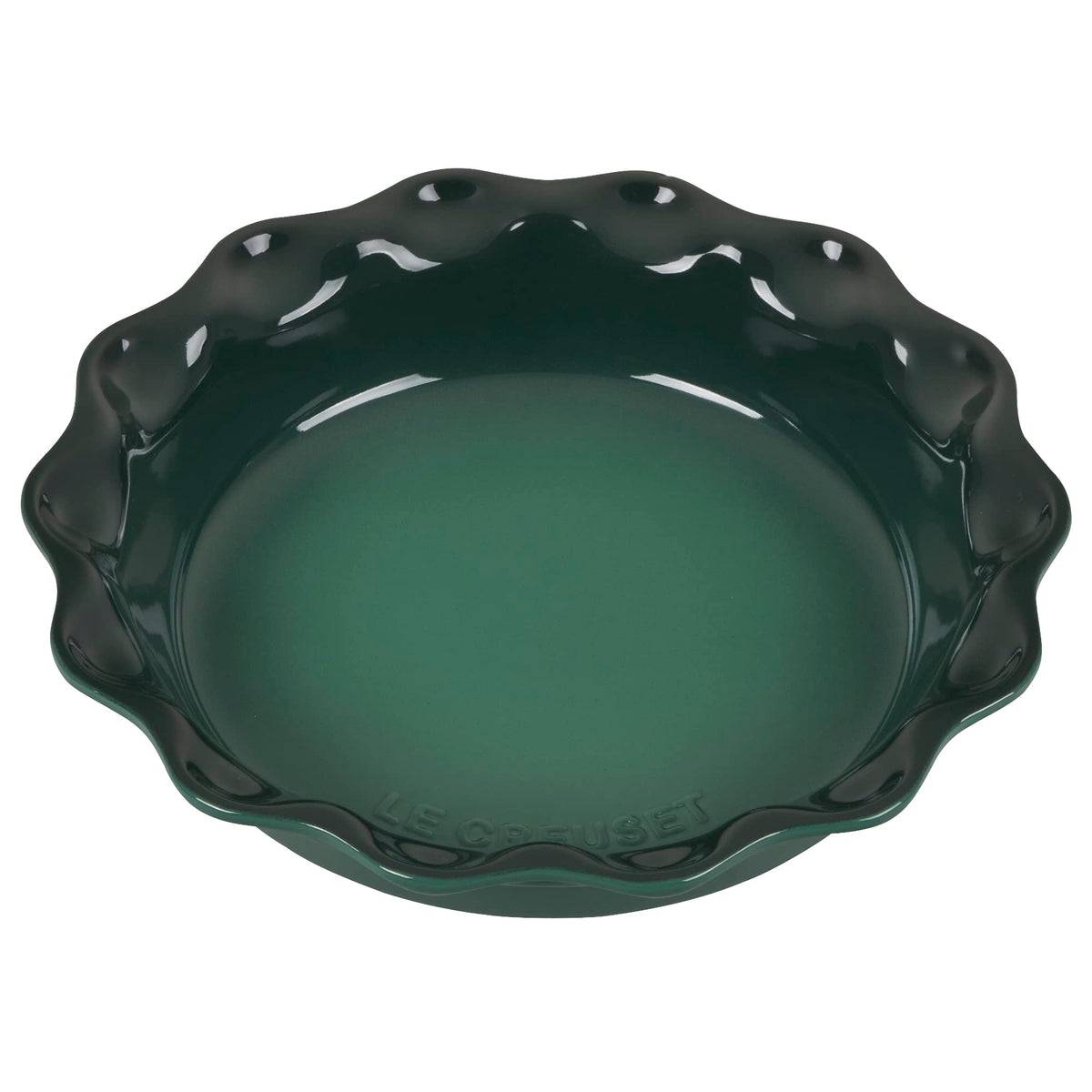 Le Creuset Heritage pie dish front view showcasing durable glaze and even heat benefit