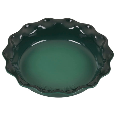 Le Creuset Heritage pie dish front view showcasing durable glaze and even heat benefit