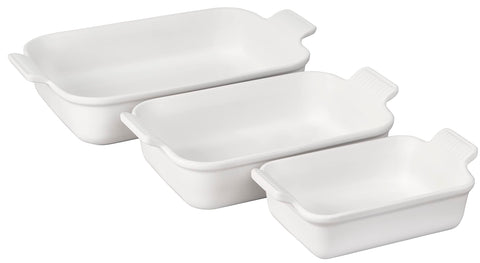 Le Creuset front view of white rectangular baking dishes showing classic design and durable finish
