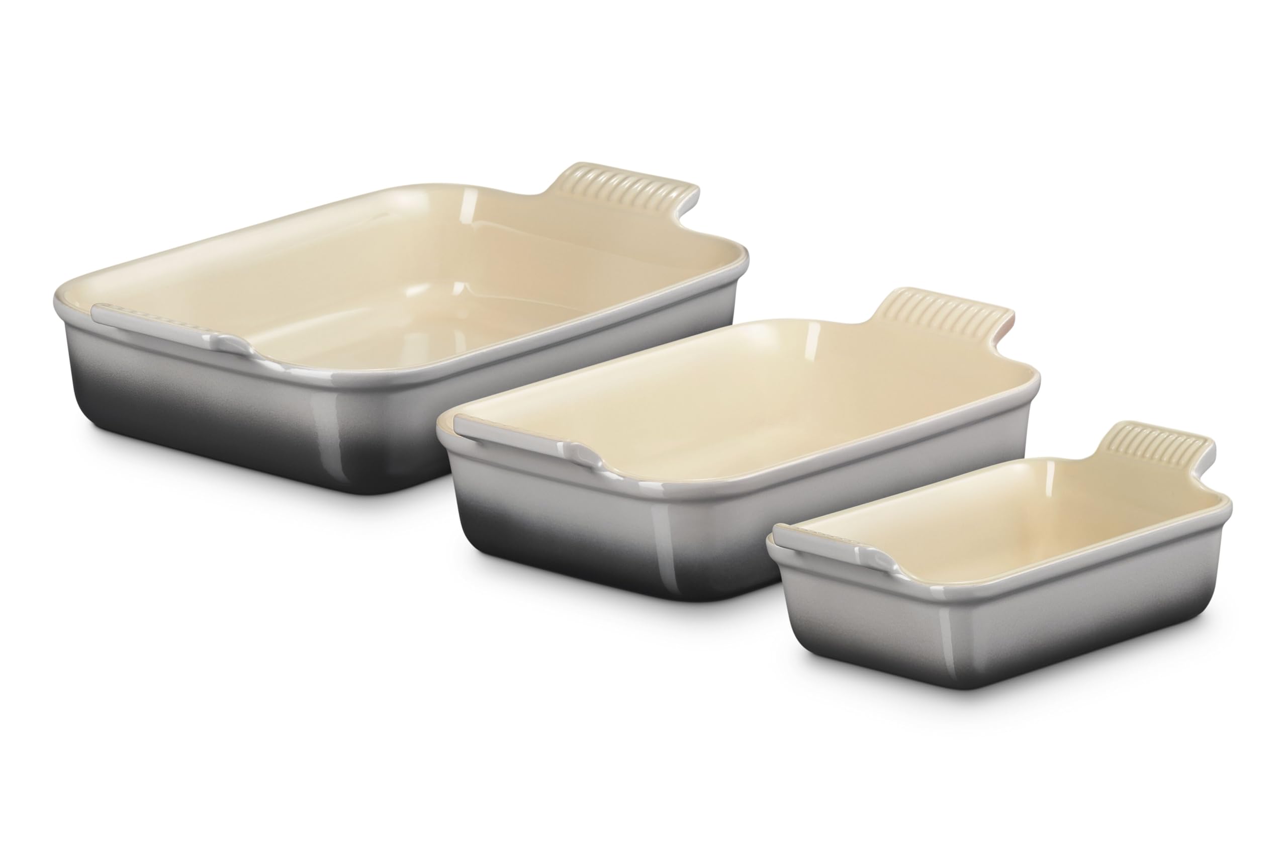 Le Creuset front view of rectangular dish showing Oyster color and elegant finish, durable serving