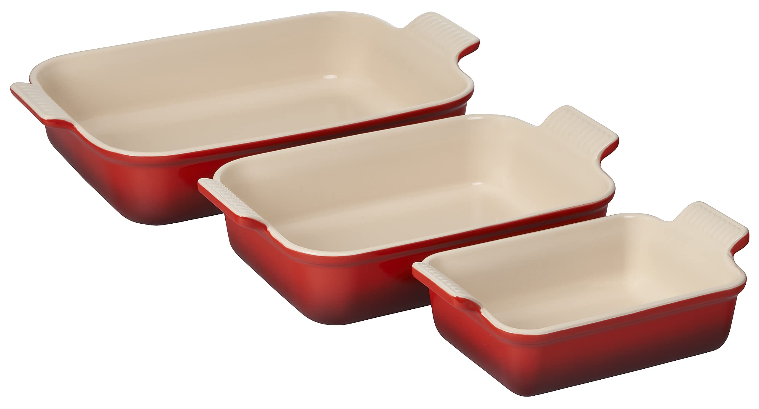Le Creuset front view of three Cerise dishes showing sizes and serving versatility