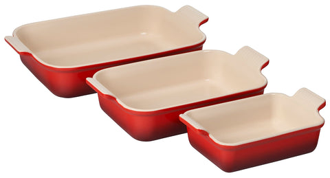 Le Creuset front view of three Cerise dishes showing sizes and serving versatility