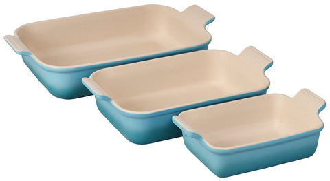Le Creuset front view of set in Caribbean showing colorful finish and serving-ready benefit