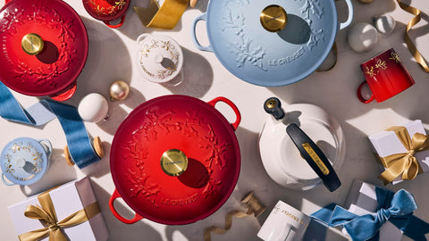 Le Creuset cocotte styled on holiday table adding color and elegant presentation