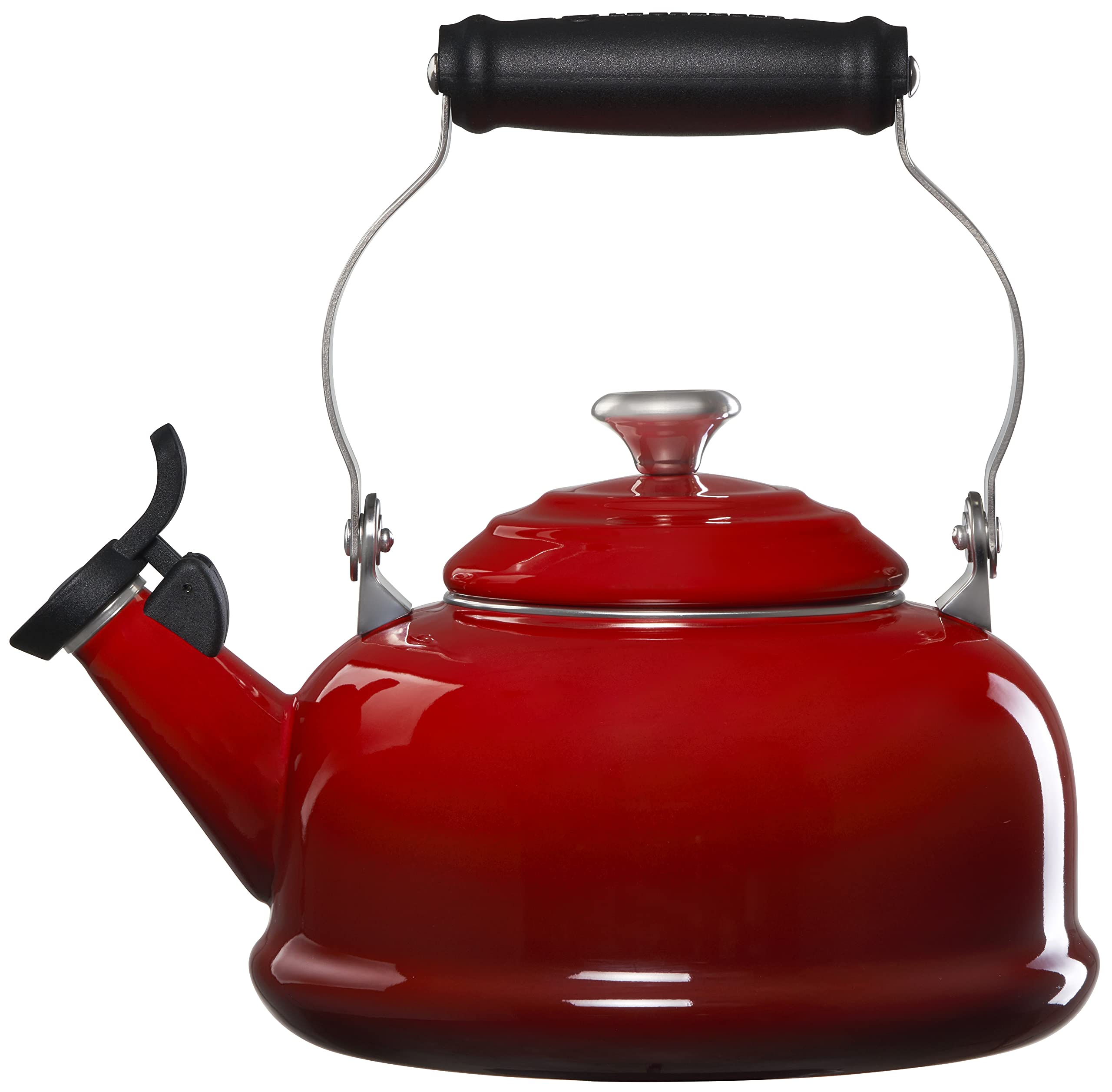 Le Creuset whistle and hinge close-up highlighting audible boil alert and ease