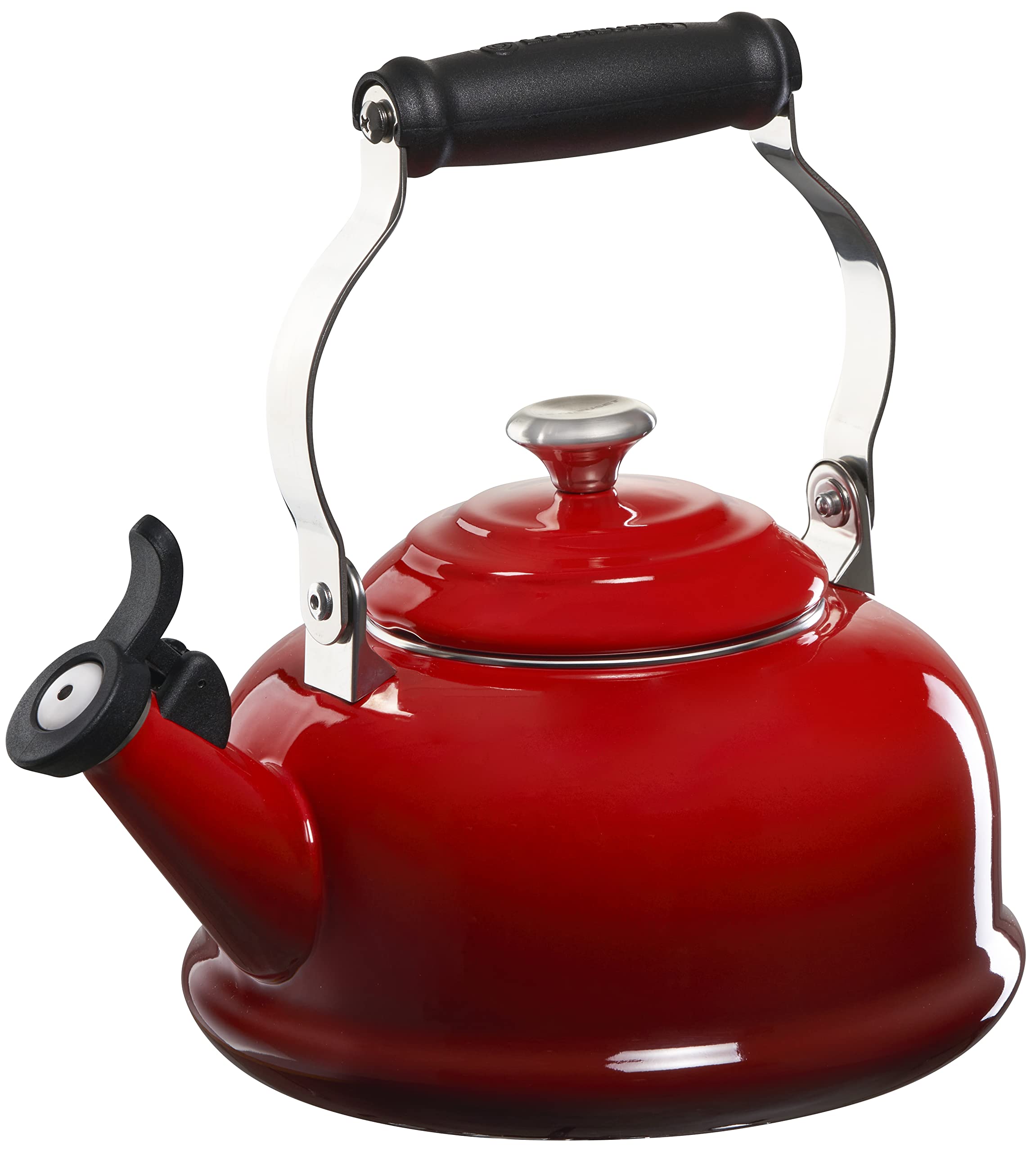 Le Creuset cerise kettle front view showing vibrant enamel and quick-boil benefit