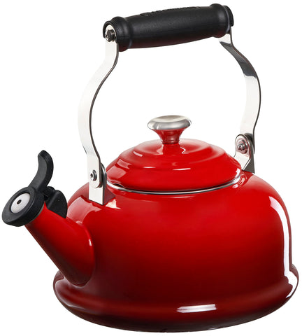 Le Creuset cerise kettle front view showing vibrant enamel and quick-boil benefit