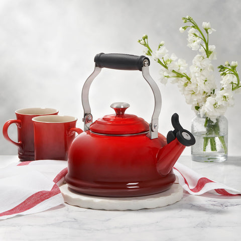 Le Creuset kettle on countertop in kitchen showing style and everyday usefulness
