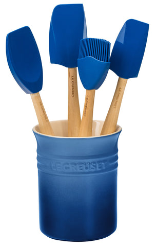 Le Creuset front view of Marseille crock and utensils showing organized storage benefit