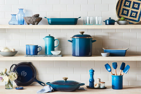 Le Creuset set on counter with measuring tape showing compact scale benefit