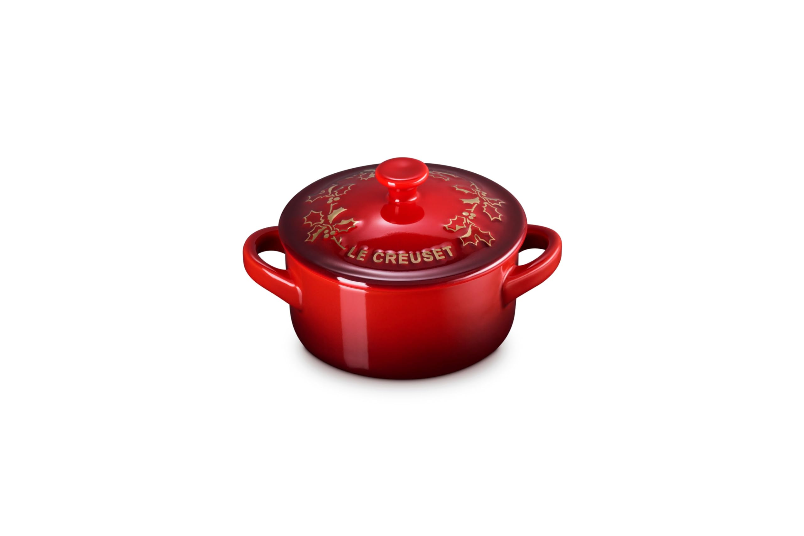 Le Creuset mini cocotte front view showing cerise color and lid for festive serving