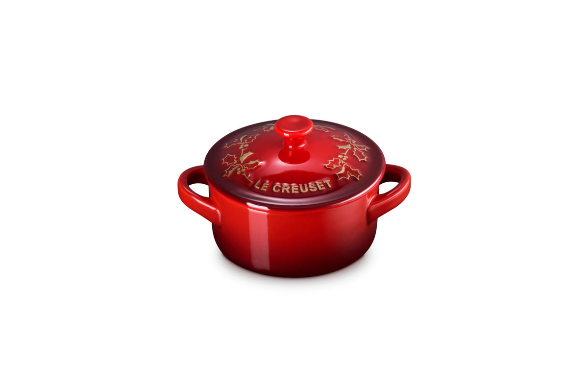 Le Creuset mini cocotte front view showing cerise color and lid for festive serving