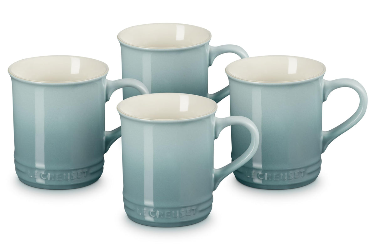 Le Creuset front view mug showing Sea Salt color and durable glaze benefit