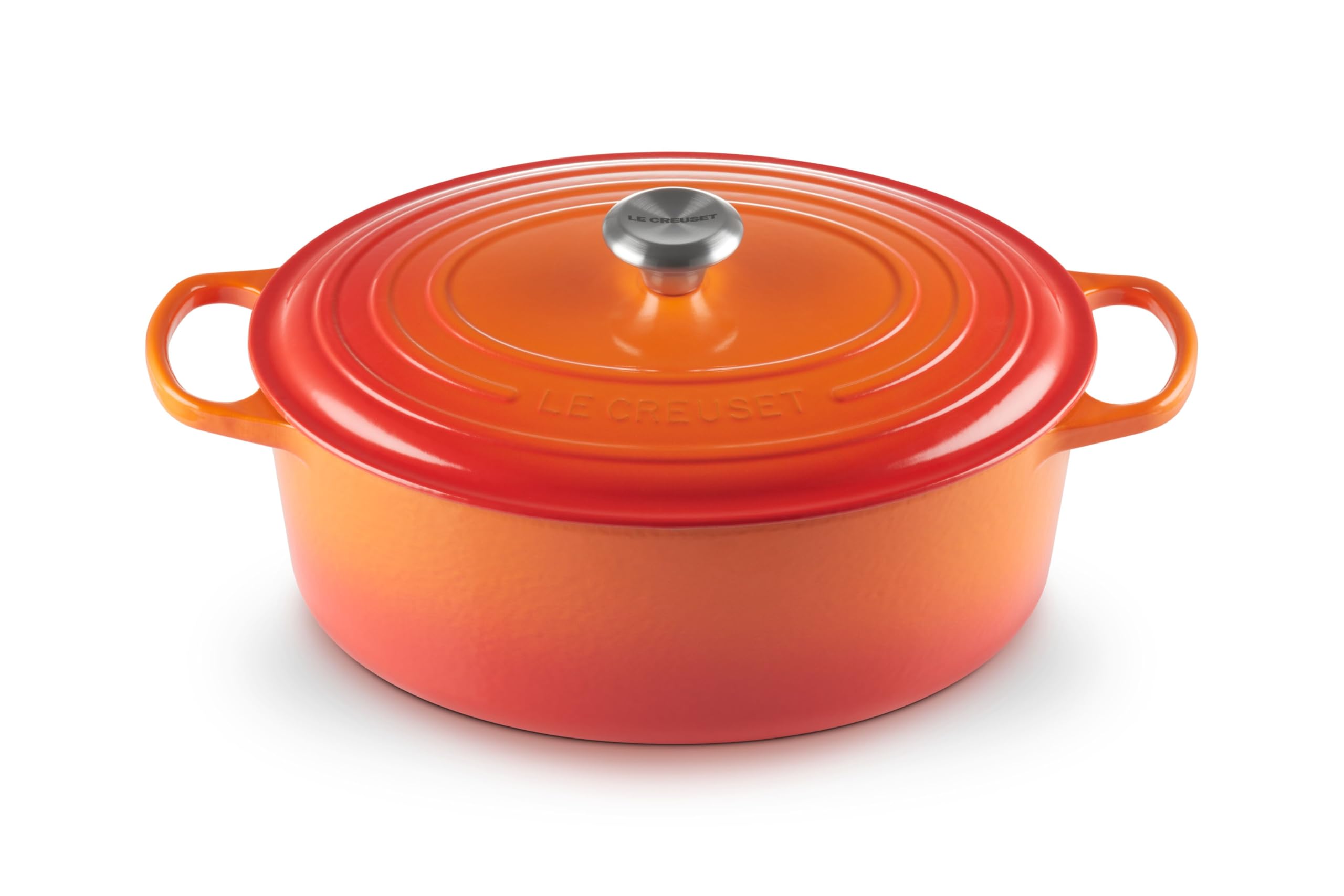 Le Creuset oval Dutch oven front view in Flame showing durable enamel and finish